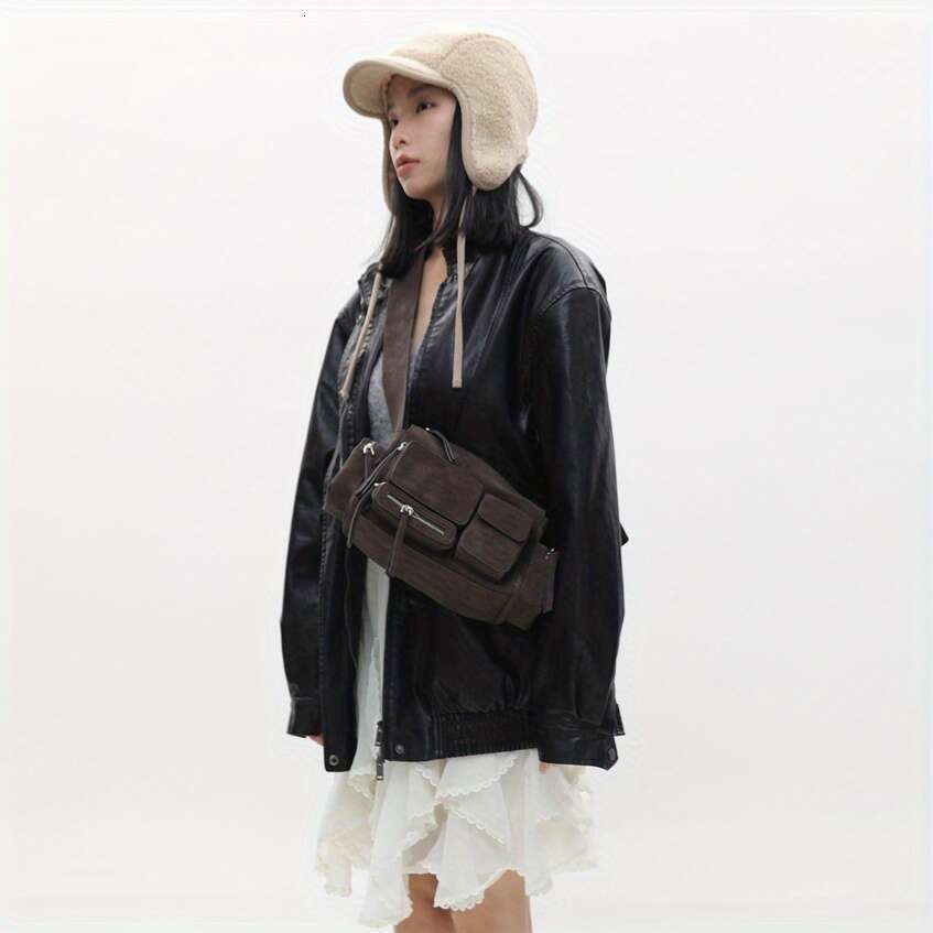 Women Spicy Motorcycle Retro Frosted Suede PU Handbag, Coffee Brown, Large Capacity Multi Pocket Shoulder With Adjustable Strap, Ideal For Work