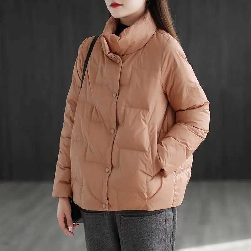 New Down Jacket for Women with Spliced stand-up Collar Button Pockets Stylish Light and Loose Coat for Small PeopleT251105