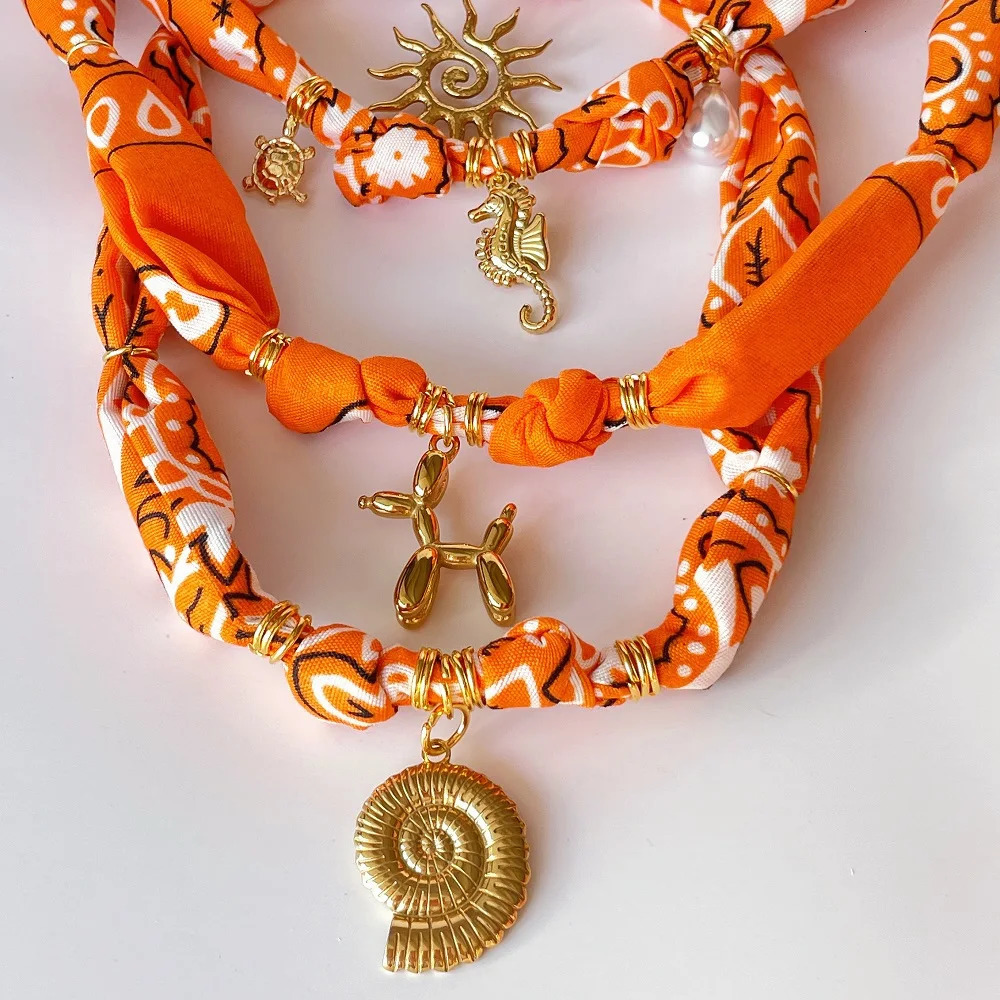 Orange Bandana Necklace with Gold Plated Charms Sun Balloon Dog Star Heart Conch Fruit Flower Perfume 251031