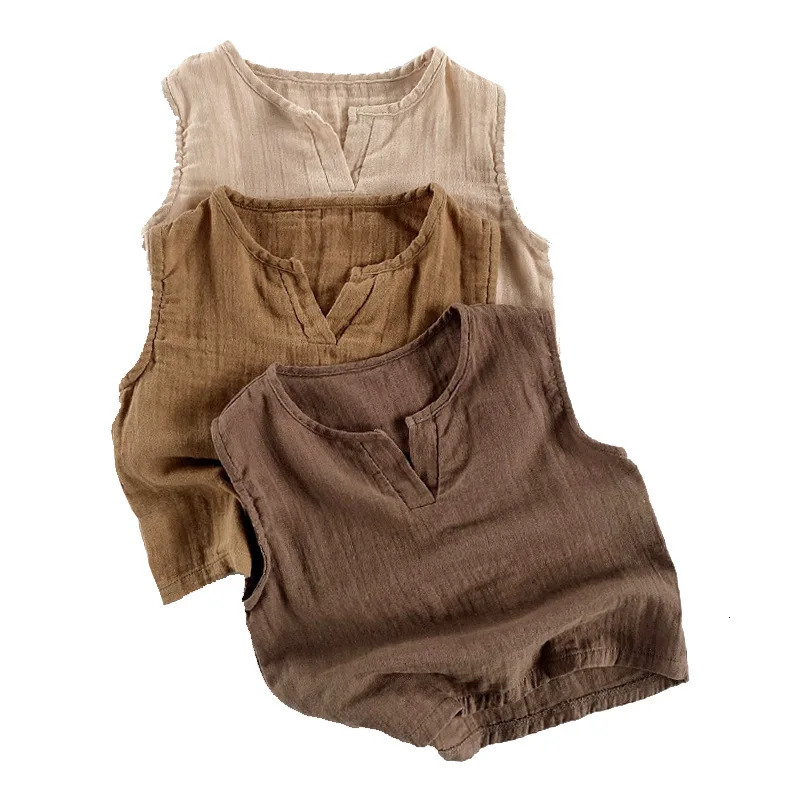 Korean style childrens cotton highz sleeveless Tshirt for summer loose solid baby boys and girls breathable vest tank 250325