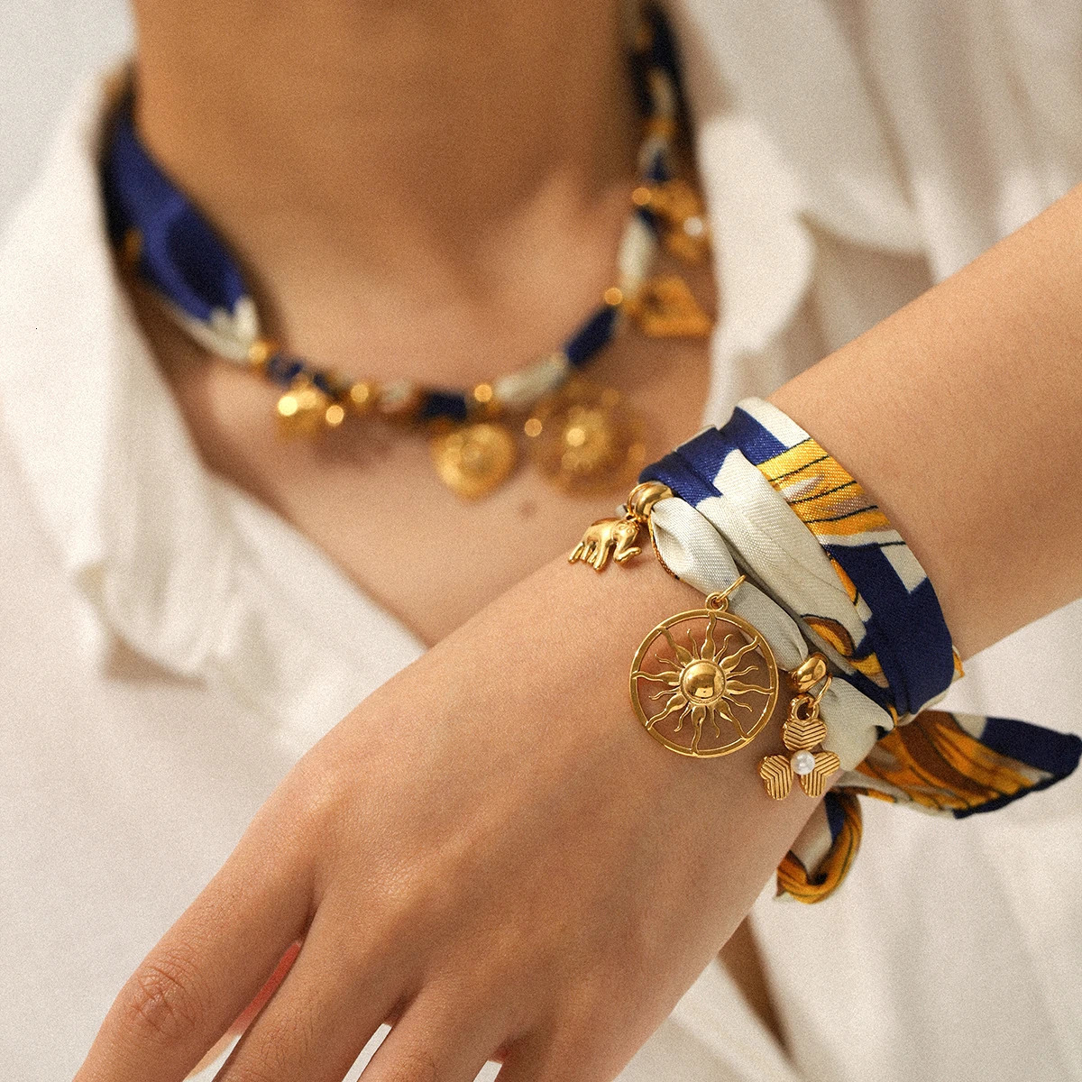 Elegant Silk Satin Necklace Bracelet Set Women Sunflower Bracelet Stainless Steel Necklace Set Autumn And Winter Accessories 251031