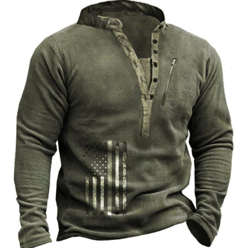 Spring new mens standing collar printed military uniform top mens long sleeved T-shirt mens