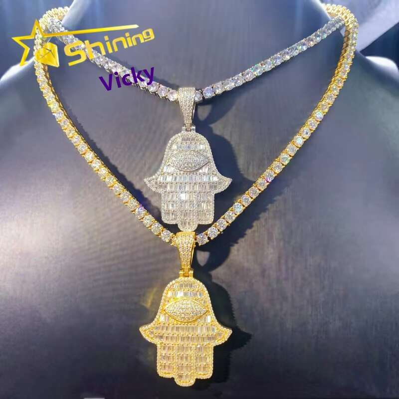 Shining Jewelry Ready to Ship 925 Sterling Silver Hip Hop Iced Out Vvs Moissanite Hamsa Pendant Necklace