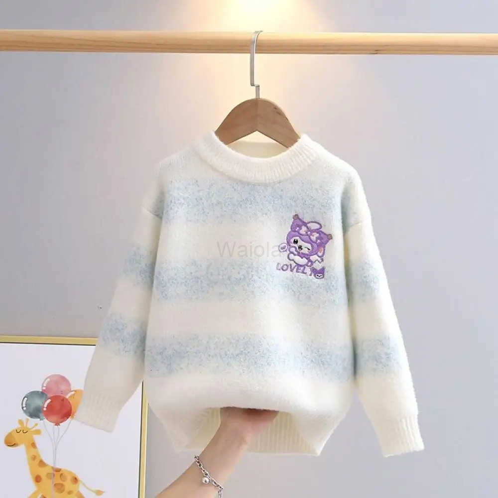 Sanrio Kuromi Girls Knitted Sweater Gradient Stripes Base New Style Kawaii Autumn Winter Childrens Pullover Cartoon Tops Coats H251105