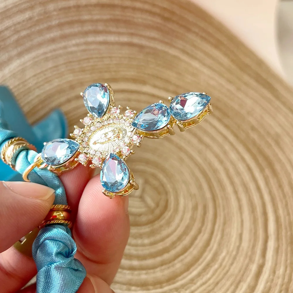 Blue Navy Pink Cross Bandana Necklace Rhinestone Cross with Virgin Mary Medallion Fashion Adjustable Scarf Chocker 251031