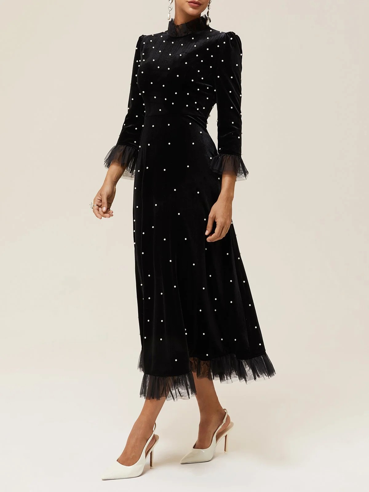 Women's Velvet Mock Neck Midi Dress with Pearl Detailing & Tulle Trim, Elegant Long Sleeve Dress for Formal & Evening Events 23576