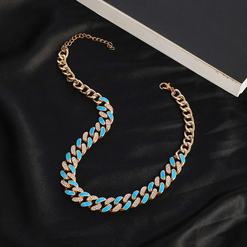 Hip Hop Two-Tone Rhinestone Thick Necklace Fashion Trendy Brand Oil Drip Cuban Chain Unisex New Arrival