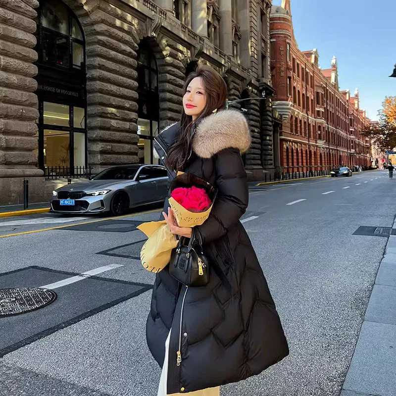 Winter Big Fur Collar Hooded Down Jacket Cotton Coat Women Long Parkas Thicken Warm Cotton-padded Jacket Coats Zipper OvercoatT251105