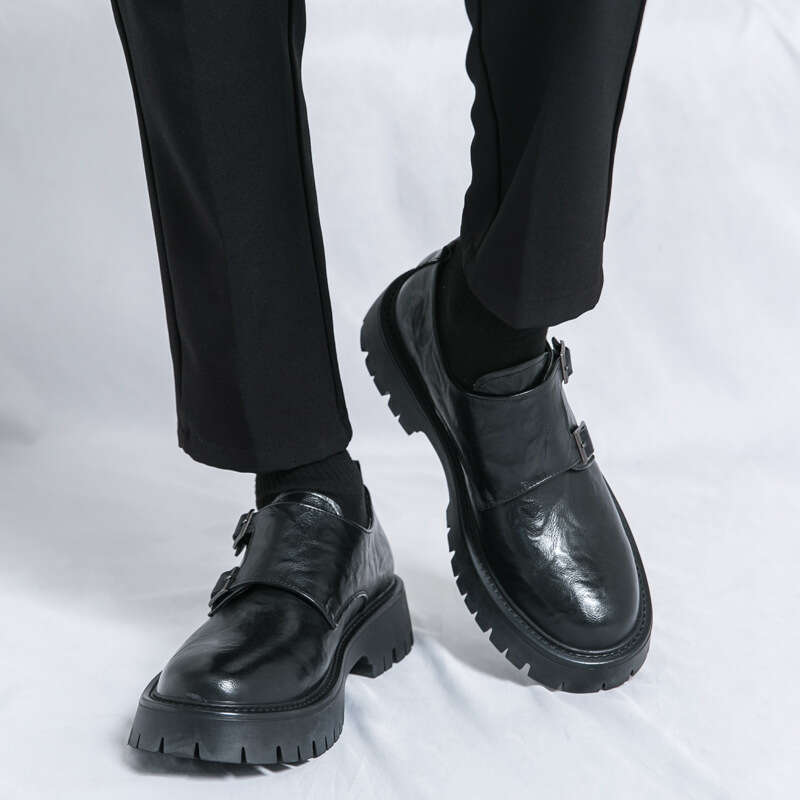 Large men's hand grip pattern big toe 2024 spring and autumn buckle thick soled high rise British suit leather shoes