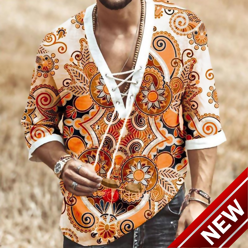 New Mens Chest Strap V-neck Mid Sleeve T-shirt with Digital Printing