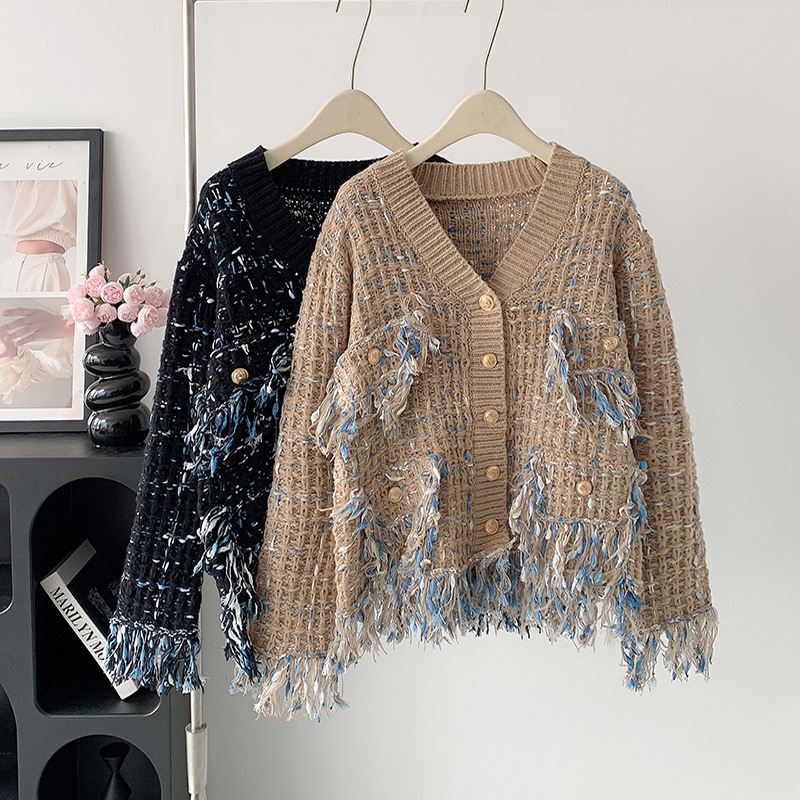 Designer Women's Jackets - Chanel-style Vintage Tassels Patchwork Jacket Contrast Color V-neck Single Breasted Loose Coat Female Casual Fashion T