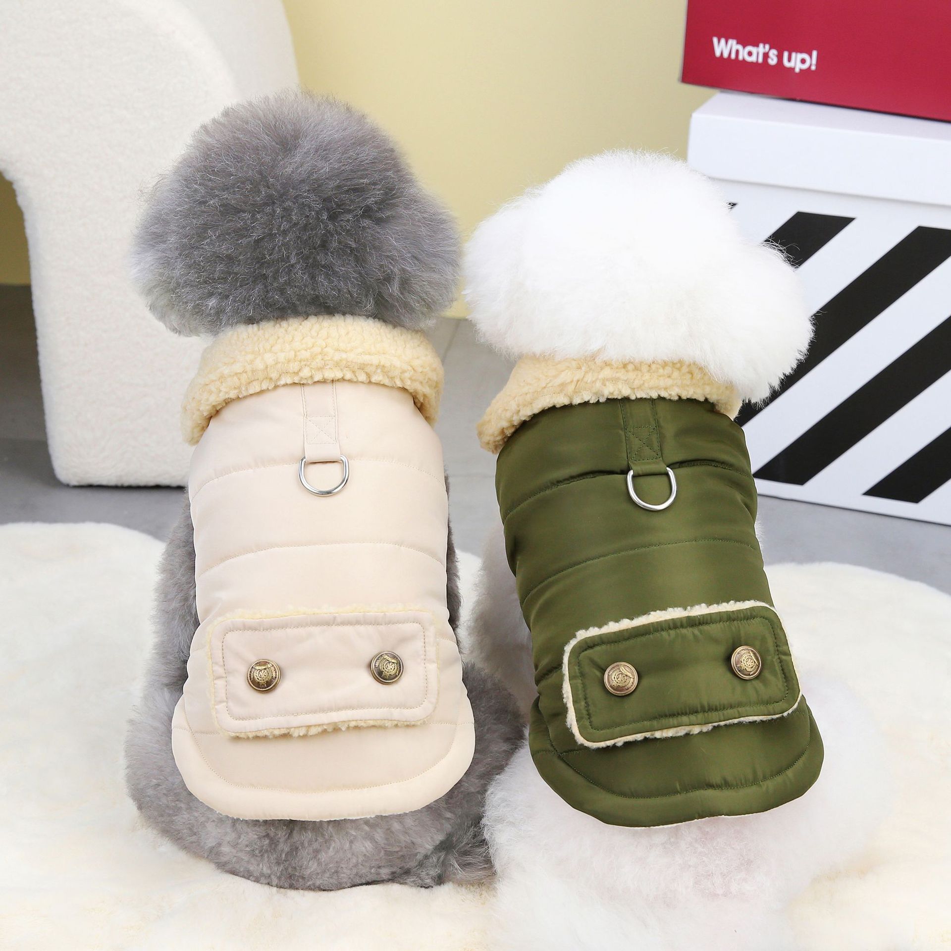 Warm Fleece Collar Pet Vest, Padded Winter Coat for Small Dogs Cats, Stylish Green & Beige Pet Jacket with D-Ring & Pocket, Suitable for Poodle, Bicho