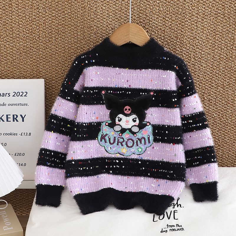 Sanrio Girls Sweater Autumn Winter 2025 New Childrens Cartoon Thickened Base Mink Knitwear Stylish Kuromi Colorful Dots H251105
