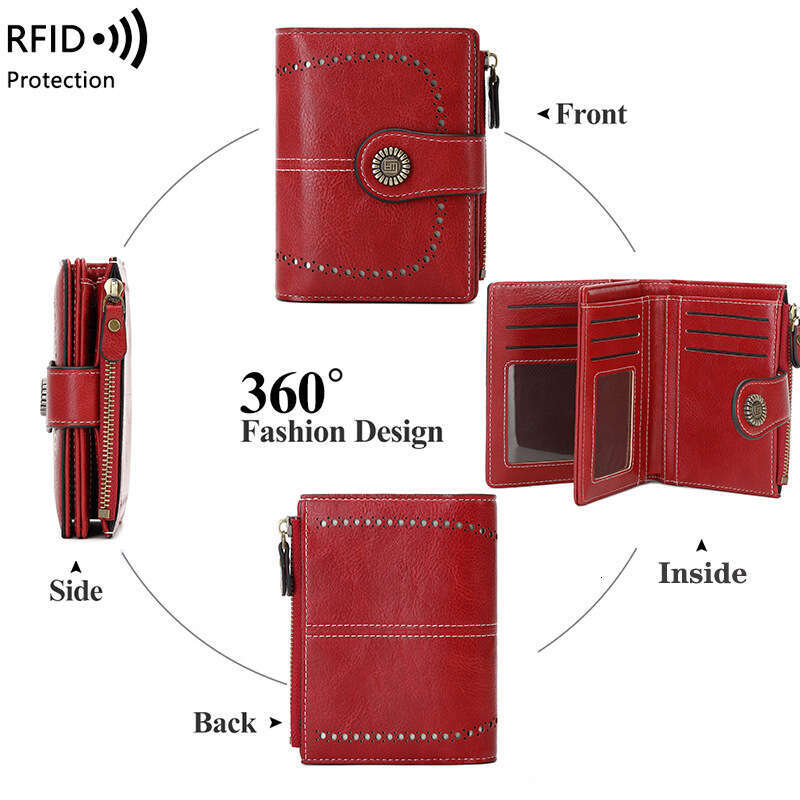 Cross-Border New RFID Anti-Theft Women's Multi-Card Slot Buckle Leather European and American Fashion Short Zipper Wallet