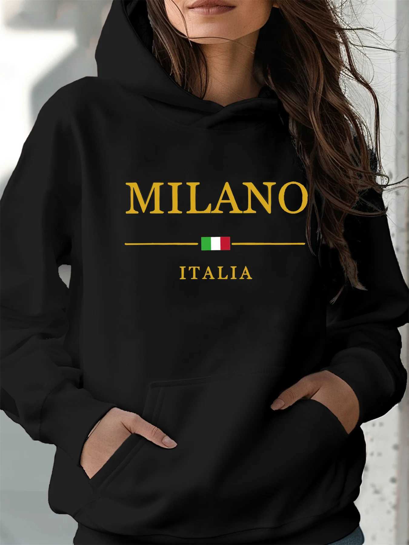 Womens autumn and winter warm and loose casual MILANO ITALIA pattern printed suede long sleeved hooded sweatshirtT251105