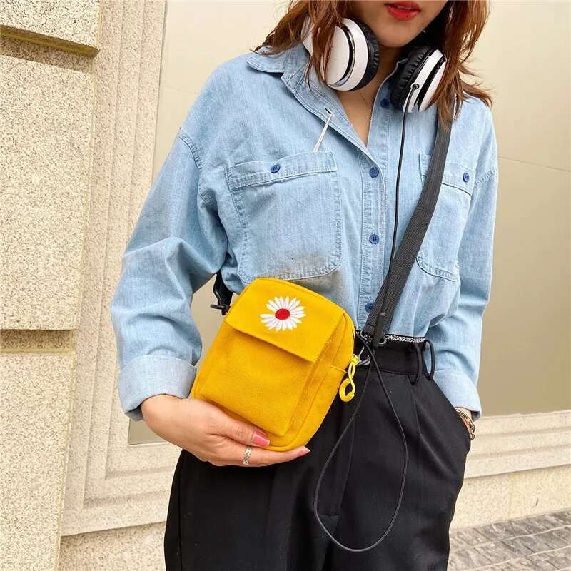 Women's Single Shoulder Fashion Solid Color Casual Outdoor Daisy Canvas Handbag Zipper Cross-body Messenger Bag