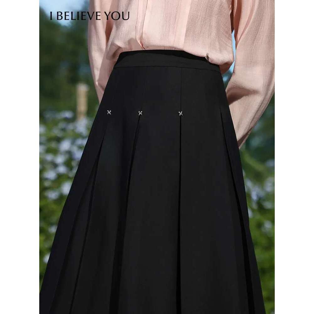 Black High-Waisted Pleated Skirts For Women Spring New Midi A-E Solid Skirt Foreign Temperament