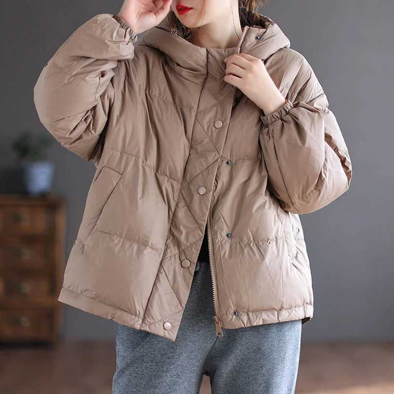 Korean Style Coat Women 90 White Duck Down Jacket Loose Casual Over Size Autumn Winter Warm Outwear with Hood JacketsT251105