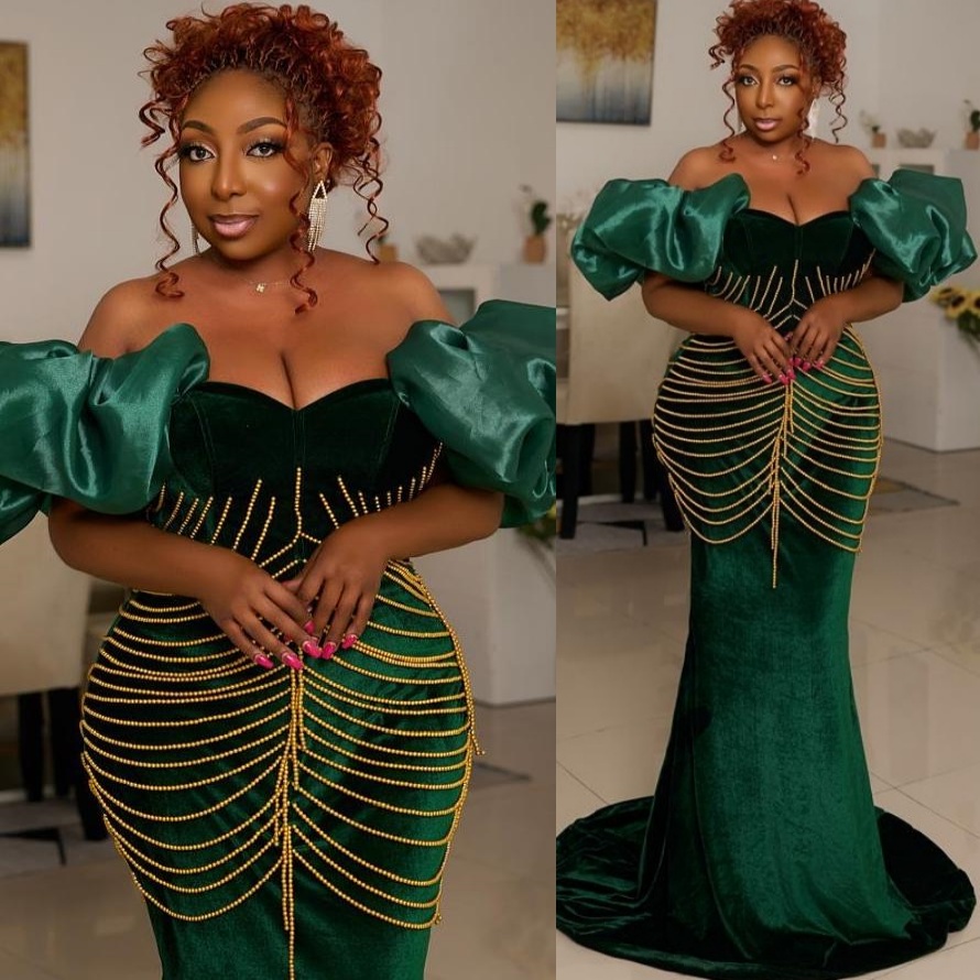 Mermaid Dark Green Prom Dresses 2026 Beadings Short Sleeves Velvet Evening Formal Party Second Birthday Engagement Gowns Plus Size Dress For Special O