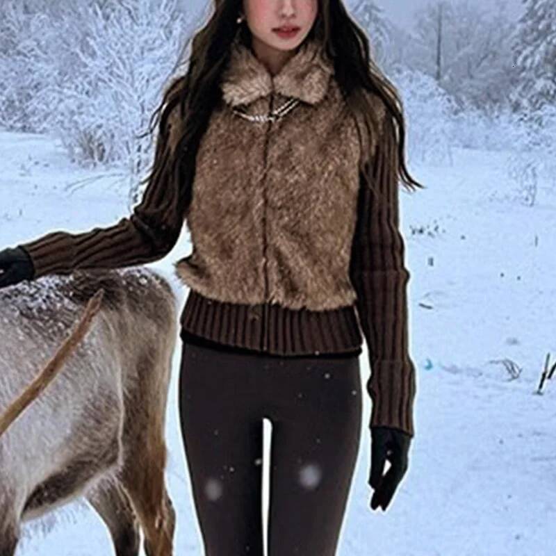 winter jacket women Ticketsx Fashion Plush knit Patchwork New Autumn Winter Lapel Zipper Slim Coat Women Vintage Streetwear Warm Jacket