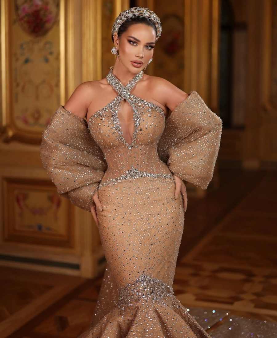 Modern Mermaid Prom Gown Crystal Evening Dress Beads Party Prom Dresses Sexy Bridal Gowns vestido de novia Size Customized Robes De Mariee L252956
