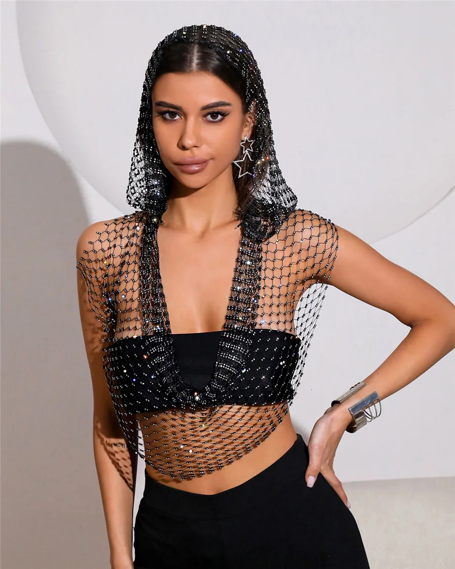 Sexy deep V-neck backless womens vest shiny rhinestone hollow see through fishnet cover tank top carnival crop top 250403