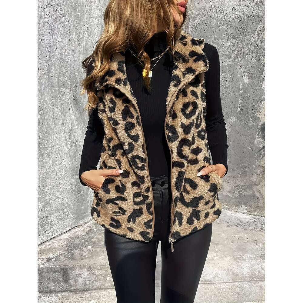 Women's Leopard Print Teddy Faux-Fur Sleeveless Vest With High Neck & Zipper Closure - Warm Winter Coat Fall/Winter, Hine Washable, Versatile Lay