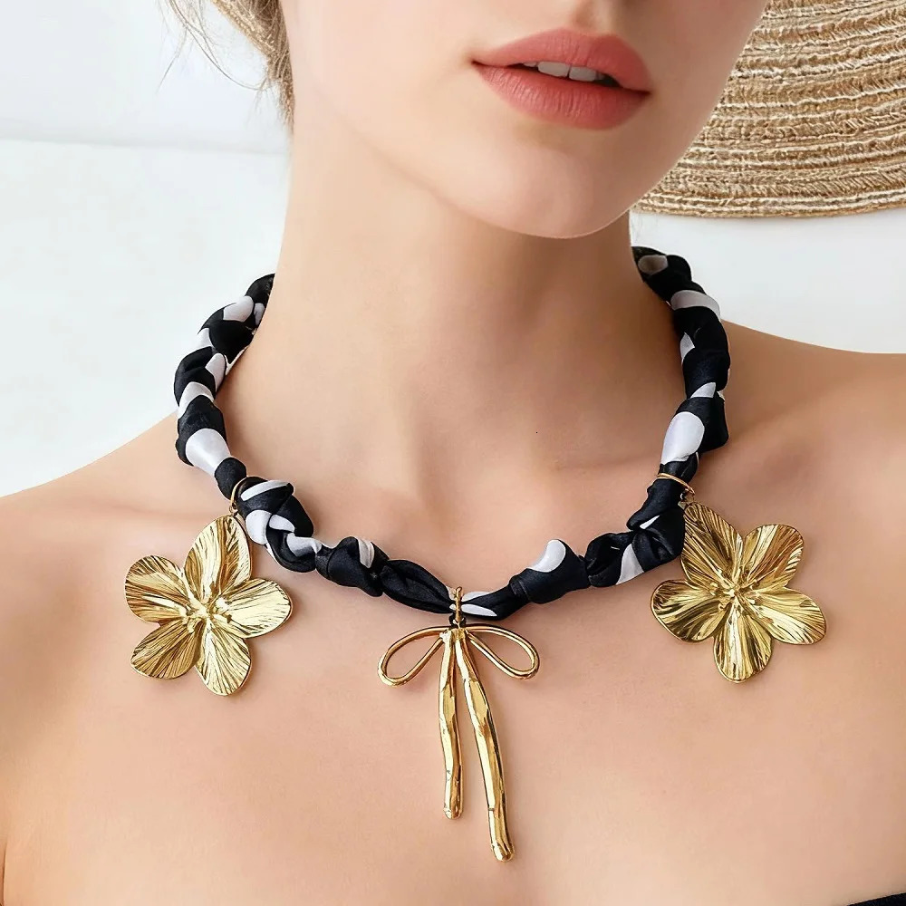 Gold Flower Bow Pendant Choker Elegant Handmade Scarf Necklace for Women Bandana Style 251031