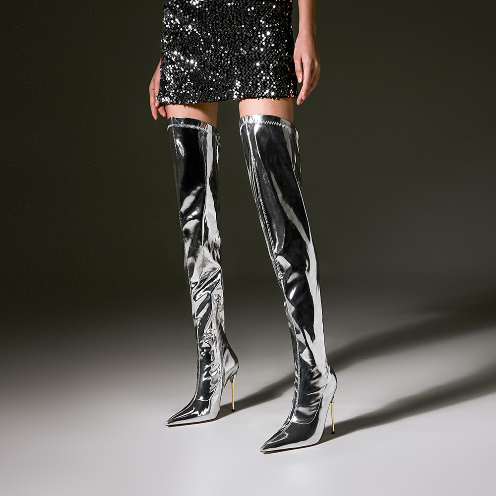 Chengdu Artisan Metallic Laser Over Knee Boots Metal Stiletto Heel Stretch Fit Pole Dance Fashion Boots Silver
