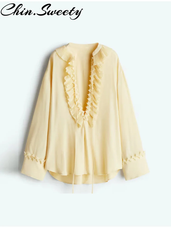 Vacation Chiffon Lace Up Shirt Women Solid Ruffle Long Flare Sleeve V-neck Loose Shirts Female 2025 Spring Summer Chic Top Lady 250402