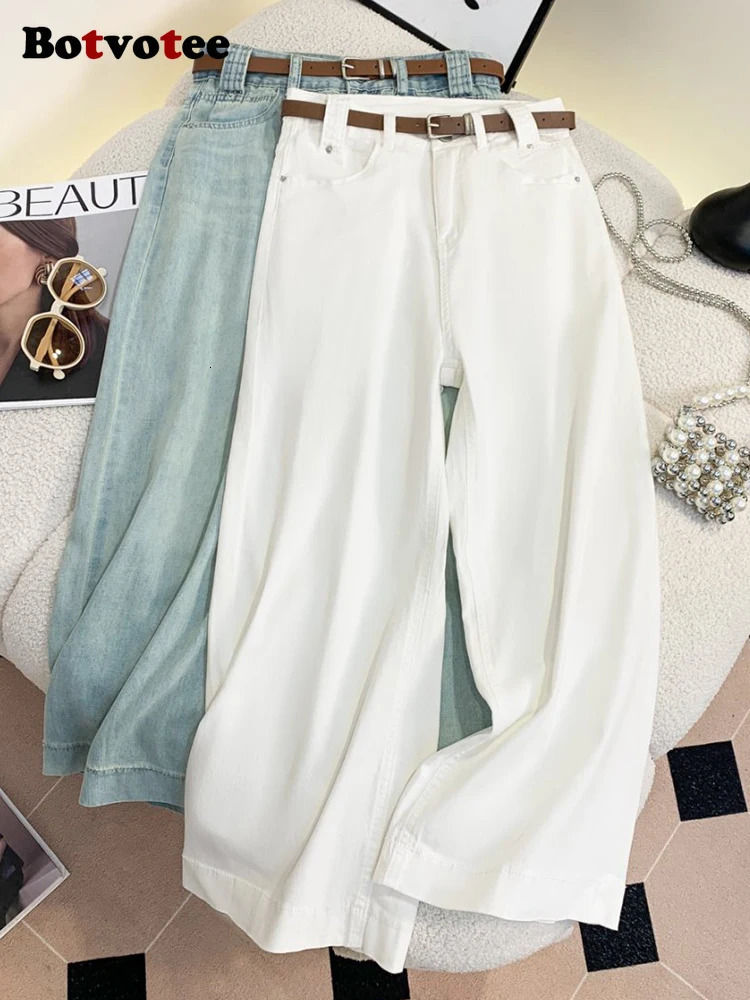 Botvotee Ankle Womens Jeans Summer Korean Fashion Straight Wide Leg High Waist Denim Pants White Blue Cut 250403
