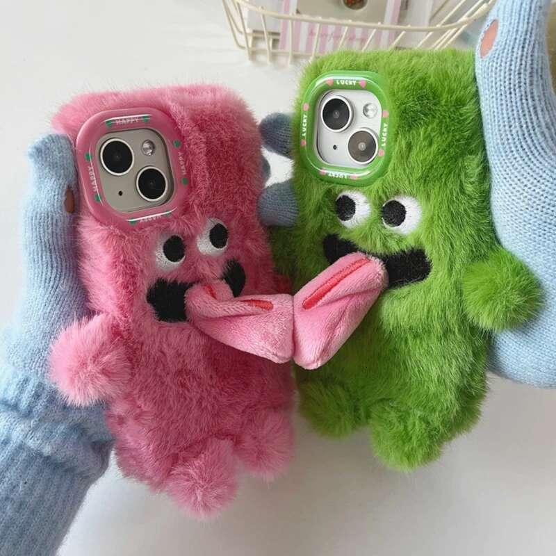 INS Couple Fur Monster Kiss Tongue Case For iPhone 16 15 14 13 12 11 Pro Max Korea Cute Cartoon Gift Anti-Drop Soft Back Cover