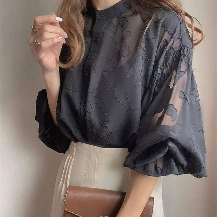 Japan Rakuten Summer New Floral Jacquard Lantern Sleeve Transparent Shirt B5