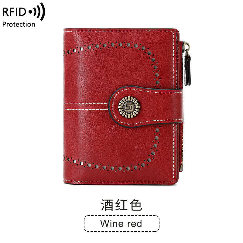 Cross-Border New RFID Anti-Theft Women's Multi-Card Slot Buckle Leather European and American Fashion Short Zipper Wallet