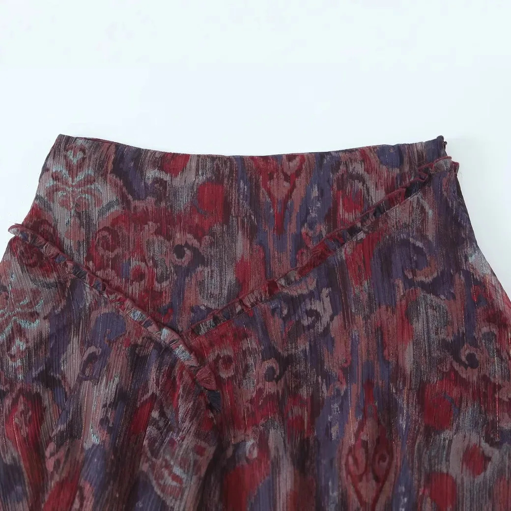 ZBZA Womens Metallic Line Mini Skirt High Waist Ruffled A-line Side Zipper Short Skirt Spring and Summer Casual Chic Skirt 250402