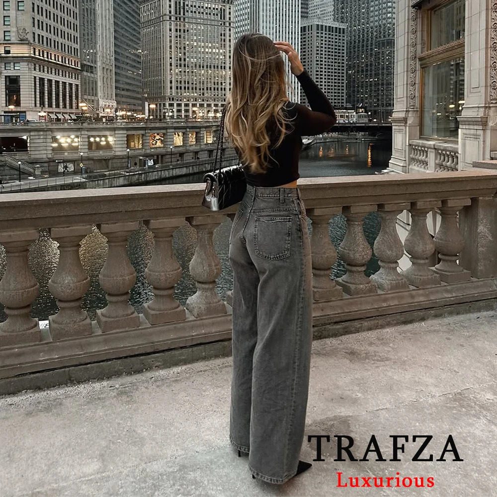 TRAFZA Streetwear High Waist Trouser Womens Light Grey Button Wide Leg Fashion Young Tight Pants 250403