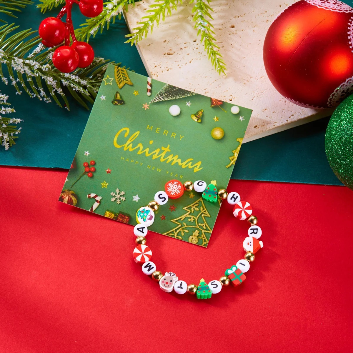 Christmas Bracelet Soft Clay Santa Claus Reindeer Tree Snowflake Gift Box Candy Snowman Beaded Bangle For Women Men Jewelry 251104