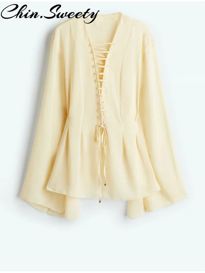 Vacation Chiffon Lace Up Shirt Women Solid Ruffle Long Flare Sleeve V-neck Loose Shirts Female 2025 Spring Summer Chic Top Lady 250402