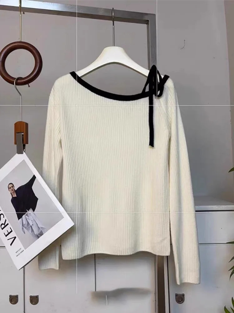 FalFashion Autumn Women Knitted Top Fall Pullover Off-shoulder Sweater Elegant Korean Style Knitwear Long Sleeve Casual Clothing 251104