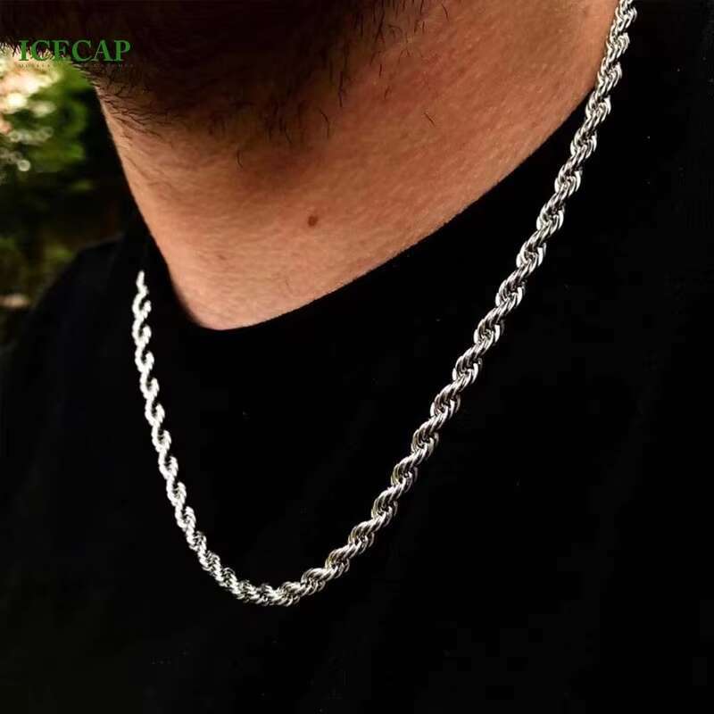 Hiphop Flowers Chain 925 Silver Twisted String Necklace Mens Rope Link Chain Necklace