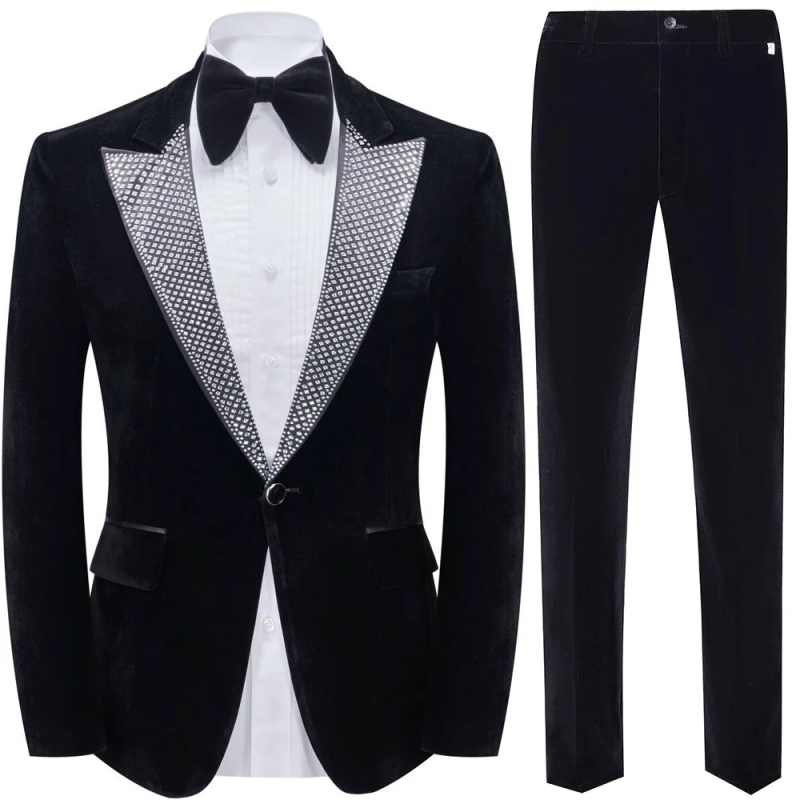Fashion Men Suits 2 Pieces One Button Peaked Lapel Pant Sets Crystals Groom Wedding Tuxedos Custom Made