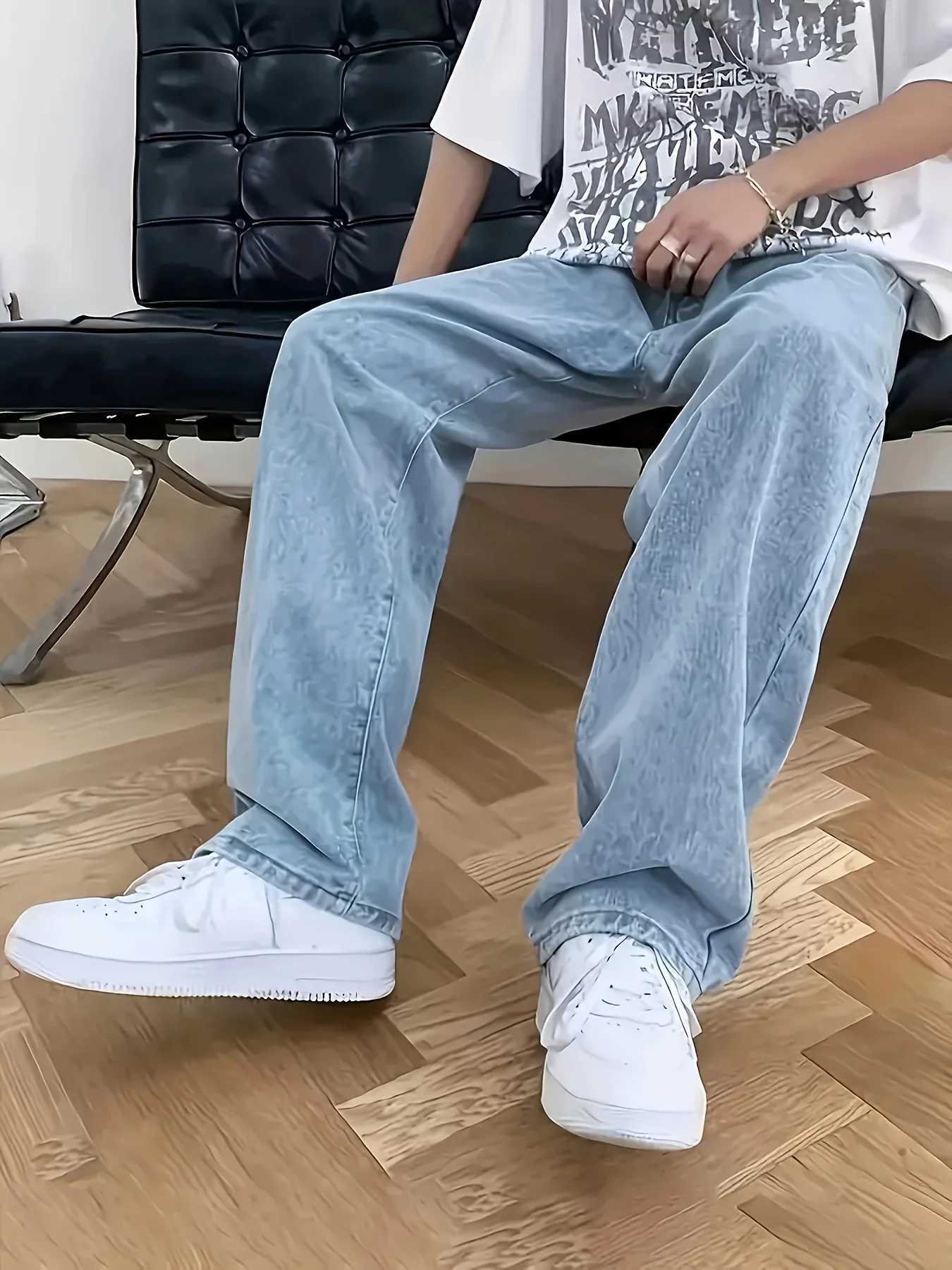 MenS Solid Color Loose-Fit Casual Denim Jeans Non-Stretch Fabric Regular Length Washed Out SeasT251105