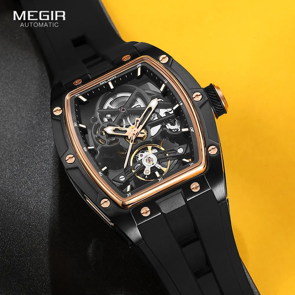 MEGIR 2242 Blue Automatic Watch for Men Sport Waterproof Stainless Steel Mechanical Wristwatch with Silicone Strap Skeleton Dial 251105