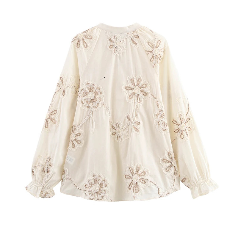 YENKYE Womens Spring Flower Embroidered Shirt Long Sleeve V-neck Casual Loose Top Street Clothing Blusas Mujer 250402