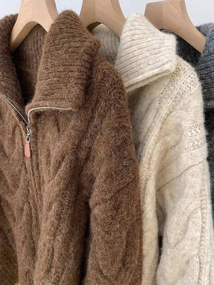 winter jacket women HELIAR Women Fall Winter New Casual Knitted Cardigan Retro Solid Double Zipper Turn-down Collar Sweater Thicken Loose Tops