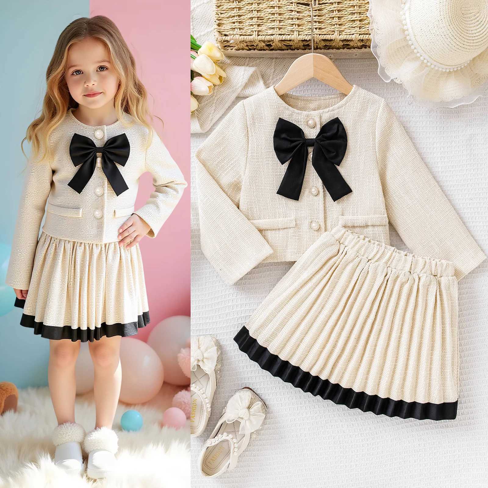 Childrens Clothing Sets Korean Spring And Autumn Causal Set Girls Long Sleeve Front Bow CoatPleated Skirt Sets Girl Outfits Y251105