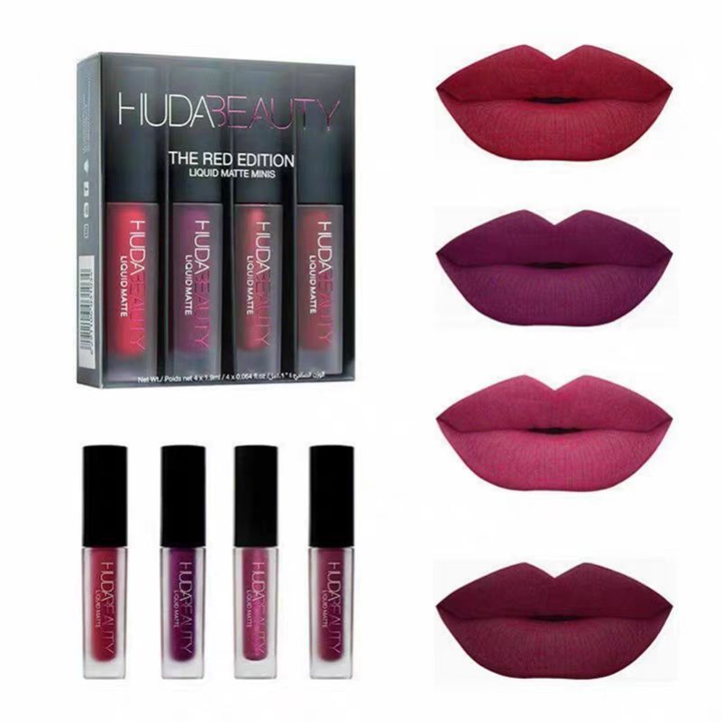 Lip Gloss HUDA 4 PCS/Set Four Colors Matte Waterproof Non-stick Non-fading Lipsticks Makeup Women Cosmetic Lip Care