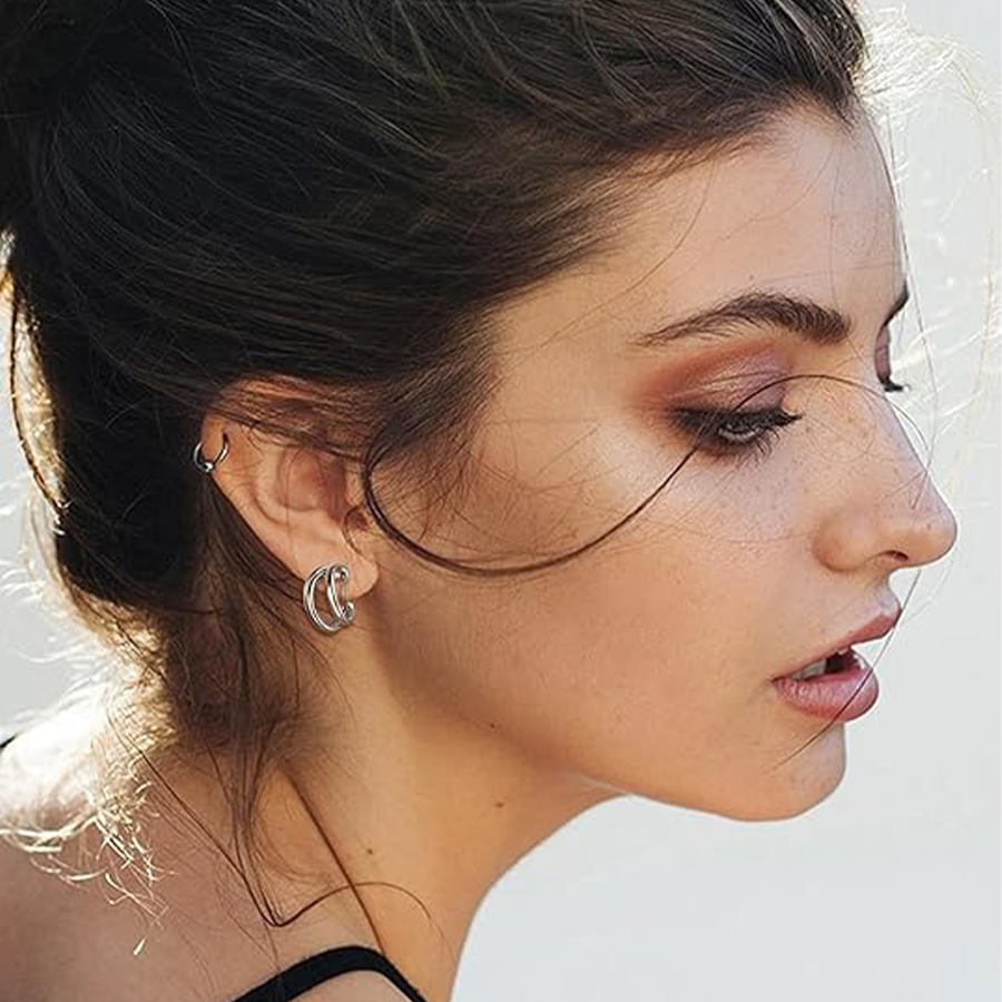 10 Pairs Clip on Hoop Earrings for Women Men Twist Round CZ Chunky Hoop Clip Earring No Piercing Fake Earrings Sets Silver Tone