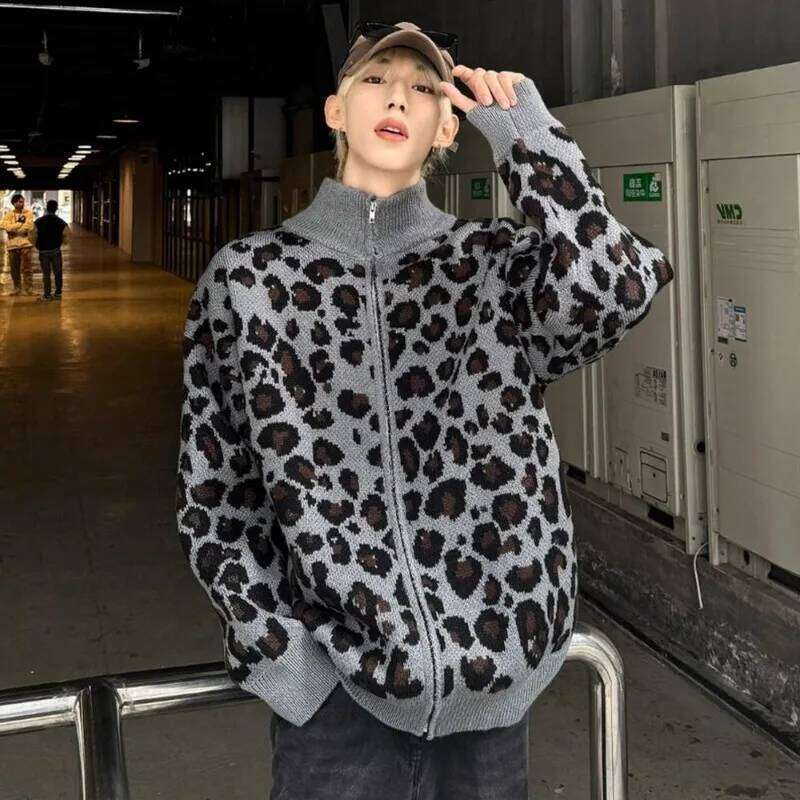 American Vintage Leopard Print New Sweater Knit Cardigan Y2k Gothic College Men And Women Loose Lazy Wind Casual Joker Coat Designer Sweater Bear Swea