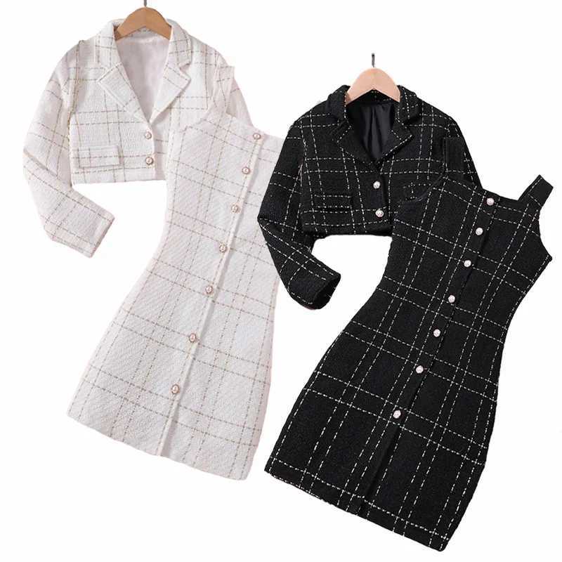 2pcs Fashion Girl Dress with Jacket Clothes Set Teenager Girl Suits Coat Elegant Plaid Dresses Kids Children Clothing Plus Size Y251105